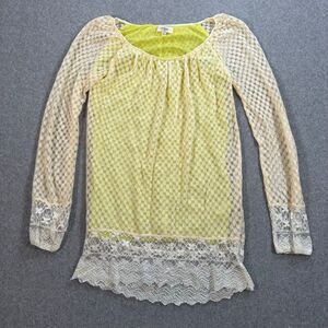 Umgee Lace Overlay Tunic MIni Dress Longe Sleeve Women's Small Neon Green Boho